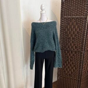 VINCE Metallic Fuzzy Knit Sweater Blue Silver Shimmer Pullover Size Medium